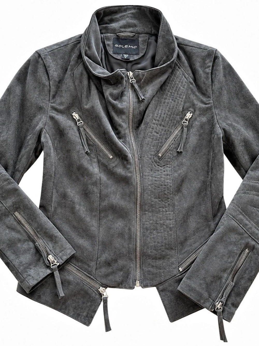 Sole Mio Dark Olive Faux Suede Moto Biker Jacket Zip Detail Size L